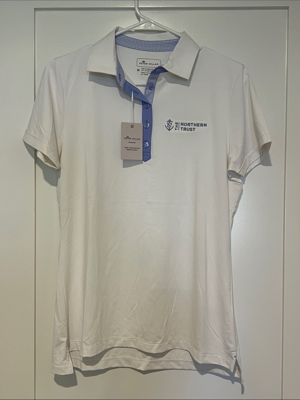 NWT Peter Millar Women’s White Polo Golf Shirt with Blue Trim